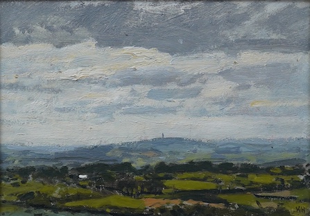 Ken Howard (1932-2022), oil on board, Rural landscape with distant view of Glastonbury, initialled K.H., 15 x 21cm, gilded frame. Provenance: New Grafton Gallery. Condition - good